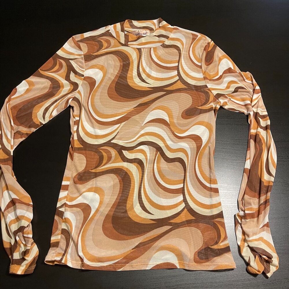 Willow Root Brown Retro Swirl Sparkle Mesh Long Sleeve – Size L Fits Small